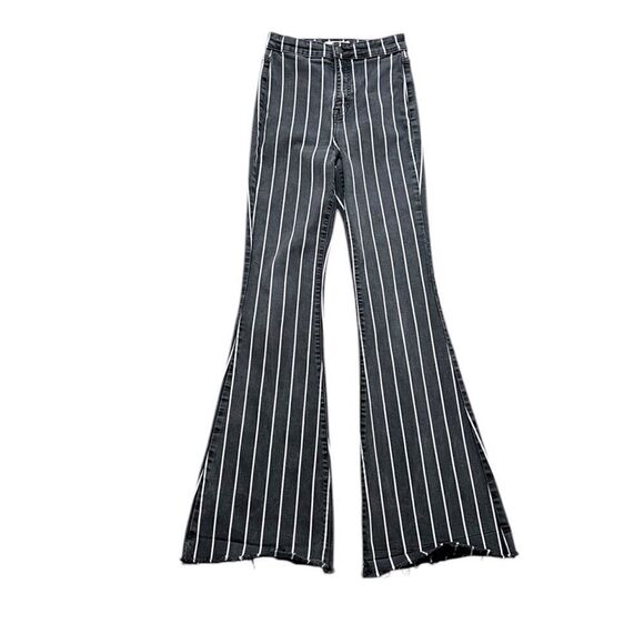 Cello Striped Flare Jeans | Size 3 | Gray with White Stripes | Retro Style - Picture 1 of 8